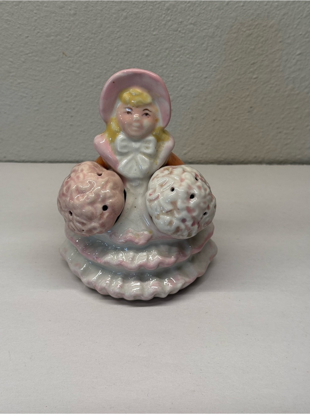 Vintage Salt and Pepper Shakers Lady in Bonnet and Dress with flower bouquets